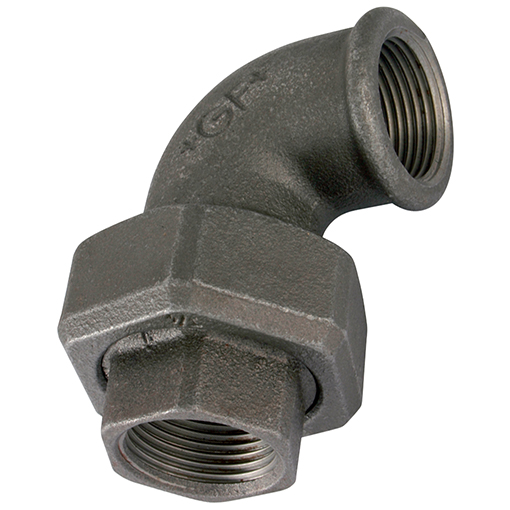 Black, BSPP Female, Female Equal Union Elbow, Taper Seat (96), Malleable Iron Pipe Fittings